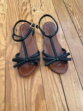 Prada Black Bow T-Strap Leather Sandals